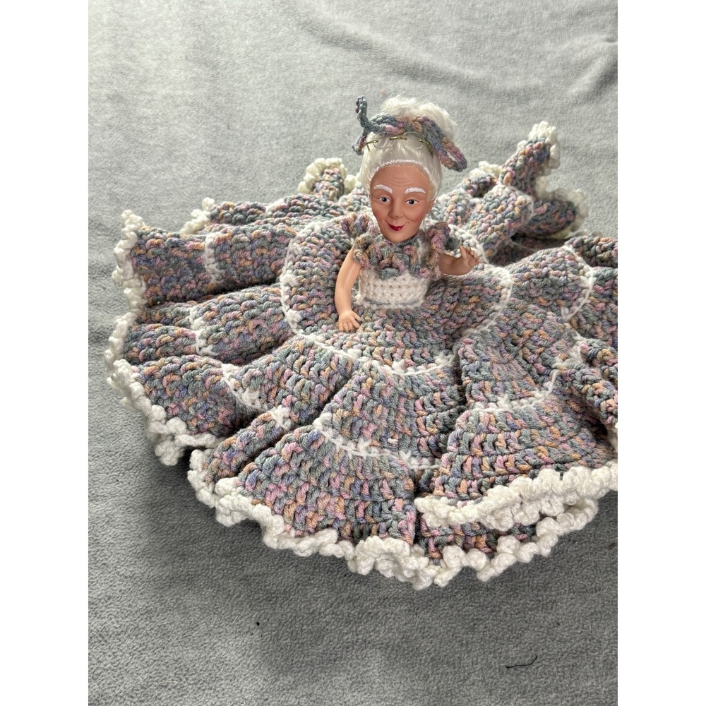 Vintage Grandmother Toilet Paper Roll Cover Doll Pastel Crochet Dress Glasses